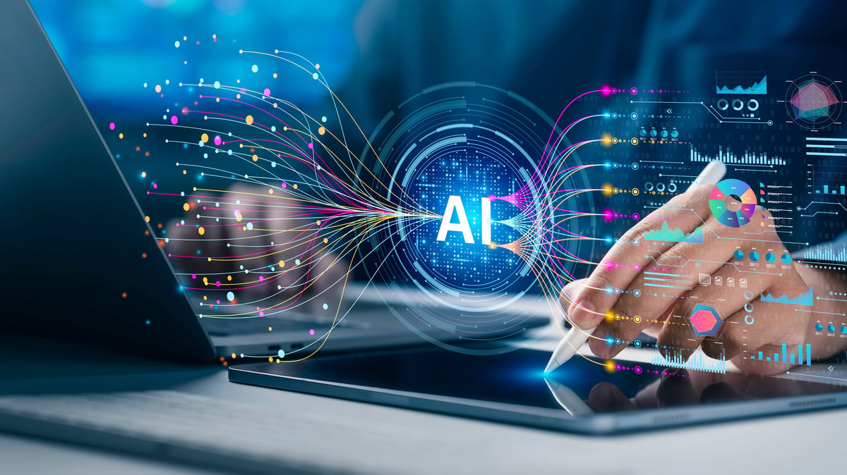 Analyst using AI technology to review business data and automation